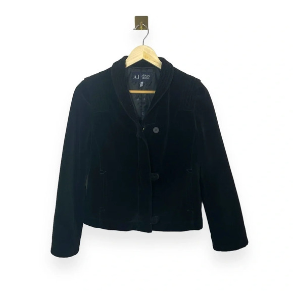 VINTAGE 80s Armani Jeans Women’s Velour Evening Coat in Black Size 4 - Picture 1 of 12